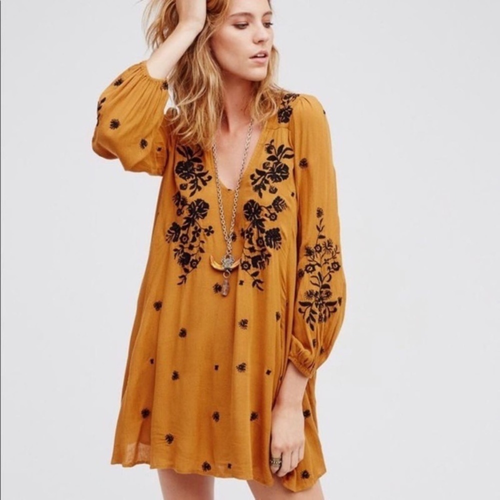 Free People Embroidered Mustard Dress